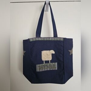 Navy Blue Tote Bag with Shetland Sheep Wool And Green Cotton Accents